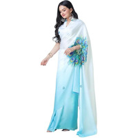Flosive Women's Floral Print Ready-To-Wear Saree With Satin Georgette Fabric (Sky & White)