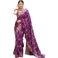 Flosive Women's Kanjivaram Silk Saree With Weaving Work Gold Zari With Blouse Piece (Purple)