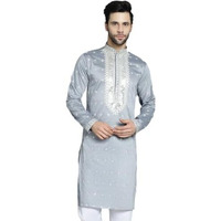 Jompers Mens Grey Sequins Embroidered Kurtas (Grey, L)