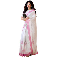 Satrani Women's Linen Printed & Zari Border Ready To Wear Saree With Unstitched Blouse Piece (42Rs371_White1)