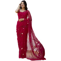 Satrani Women's Georgette Printed Foil Work Saree With Unstitched Blouse Piece (4398S104N_Cherry Red)