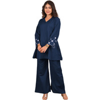 Shienzy Stylish Printed Cotton Blend Co Ord Set For Women || Casual & Festive Indo-Western Outfit || Kurta Pant Set (1666_Nbl_Xl) Navy Blue