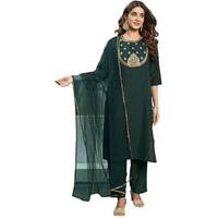 Sanisa Women's Chinnon Sequence Work Straight Kurta With Pant And Dupatta Set (173Kbd1851N-Xl_Dark Green)