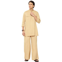 See Designs Men's Long Sleeve Curved Hem Mandarin Collar Beige Rayon Solid Pathani Sets - Sdkt656S