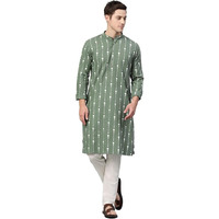 See Designs Men's Green Printed Cotton Side Slits Mandarin Collar Straight Kurta - Sd2Kt891Xs