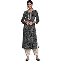 Black Printed Cotton Kurta Has A Gota Patti Work On Placket, Kurta Has Round Neck And Three Quarter Sleeves