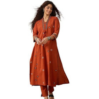 Varanga Thread Embroidered Panelled Kurta Paired With A Pair Solid Trousers Rust