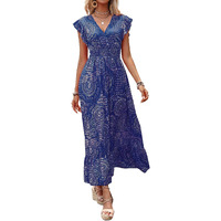 Shasmi Women's & Girl's Boho Royal Blue V-Neck Printed Dress With Ruffled Hem And Belted Waist For Vacation, One Piece Maxi For Women's Casual Dresses (140 Dress Boho Royal Blue-L)