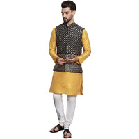 Sojanya (Since 1958 Men's Silk Blend Mustard Kurta And Off-White Pyjama With Black Nehru Jacket
