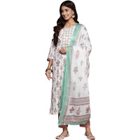 Anubhutee Women's Pure Cotton Floral Printed Off White Kurta Suit Set With Trousers & Dupatta