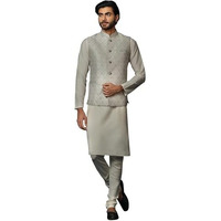 Kisah Men's Silver And Cream Kurta Jacket Churidar Set Cotton Blend, Woven Design, Full Sleeves, Straight, Regular Fit, Mandarin Collar Ethnic Wear