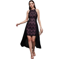 Miss Chase Women's Round Neck Sleeveless Self Design Lace-Overlaid Knee-Long Dress(Mcss23D98-41-62-06, Black, Xl)