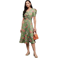 Miss Chase Women's Multicolored-Base-Green V-Neck Pleated Puff Sleeve Floral Wrap Midi Polyester Dress (Mcaw21D14-84-166-02, Multicolored-Base-Green, Xs)