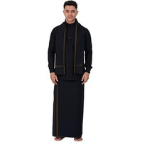 Prakasam Cotton Mens Single Small (Roja) Border (1.28X2.00 Mtrs) Black Dhoti + Readymade Full Sleeve Mandarin Collar Black Shirt + Black Roja Small Border Matching Towel