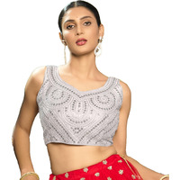 Pujia Mills Fancy Women's Foil Mirror And Thread Zari Work Sweetheart Neck Silk Sleeveless Blouse (Pc Bindi Foil Parent) (White-Silver Zari, 36)