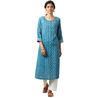 Fabindia Women Slub Printed Long Kurta Cotton_Xs Indigo