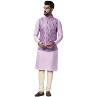 Kisah Men's Kurta Jacket Churidar Set, Lavender Art Silk, Embroidered Regular Fit Mandarin Collar Long Sleeves (Xl)