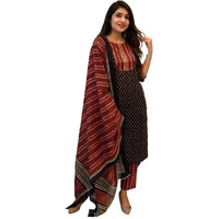 Pinkmint Women's Cotton Blend Kurta Set L Stylish Printed Straight Kurta With Pant & Dupatta L Fancy Ethnic Set Black
