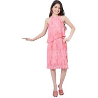 Pspeaches Girl's Round Neck A-Line Midi Pink Dress Styley Fashionable Perfect For Party & Casual Wear (12-13Years)