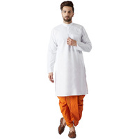 Sojanya (Since 1958, Men's White & Orange Cotton Kurta & Dhoti Set, Size: L