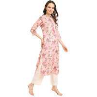 Varanga Women's Pink Floral Printed V-Neck 3/4 Sleeve Straight Kurta - Elegant & Comfortable (Small)