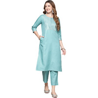 Anubhutee Women's Cotton Sky Blue Gota Patti Work Solid Straight Kurta Suit Set With Trousers