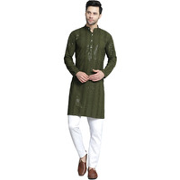 Jompers Men's Mehndi Sequins Chikankari Embroidered Kurta With Pyjama. (Mehndi, S)