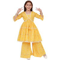 Preneum Girls's Cotton Rayon Bandhani & Lahariya Printed Angrakha Kurta With Sharara & Dupatta, Yellow, 7-8 Years
