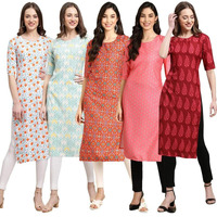 Pinkmint Crepe Digital Printed Kurti For Womens Straight Kurti For Women (Pack Of 5)