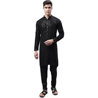 Jompers Mens Black Chikankari Embroidered And Sequence Kurta Churidar Set (Black, L)