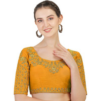 Pujia Mills Women's Embroidery Handwork Thread Zari Stone Work Readymade Blouse (38, Yellow)