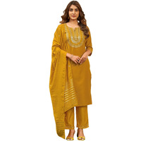 Sanisa Women's Chinnon Sequence Embroidery Straight Kurta With Pant And Dupatta Set (64Kbd736N-M_Mustard Yellow4)