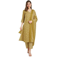 Sanisa Women's Cotton Blend Printed Straight Kurta With Pant And Dupatta Set (236Kbd2494N-Xl_Mustard Yellow & Beige)