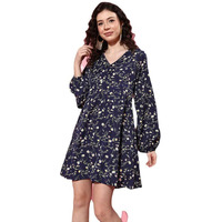 Varanga Navy Blue Floral Printed V-Neck A-Line Dress, Flared Hem