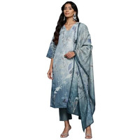 Varanga Women Grey Blue Floral Printed Straight Kurta With Trousers And Dupatta