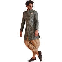 Kisah Men's Ethnic Wear Silk Blend Printed Regular Fit Grey- Beige Indo-Western Sherwani Set Indo-Western