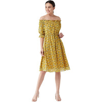 Miss Women's Multicolor Floral Printed Georgette Regular Fit Off-Shoulder Half Sleeves Knee-Long Length Dress With Drawstring Closure (Mcss21D14-65-164-02,Multicolor-Base-Yellow,Xs)