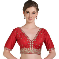 Pujia Mills Woman Readymade Ethnic Wear Deep V Neck Classic Butti Designer Half Sleeve Red Blouse Online Embroidery Zari Work With Diamond Work Border Sadi Blouse