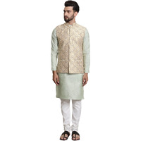 Sojanya (Since 1958 Men's Jacquard Silk Pistagreen Kurta & Cream Pyjama With Mustard Nehrujacket