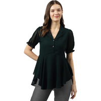 Toochki Bottle Green Georgette Solid Flared Top For Summer Latest Trending Style