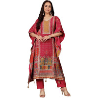 Varanga Women V Neck Ethnic Printed Zari Detailed Kaftan With Trouser