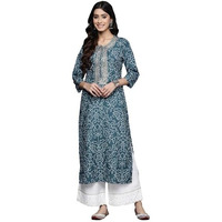 Blue Bandhani Printed, Three Quarter Sleeve, Round Neck With Drawstring, Embellished With Gotta, Side Slit Straight Kurta