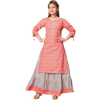 Aarika Girl's Cotton Kurti Skirt Set (New_Ks-Gh-K-480_Gajri-Grey
