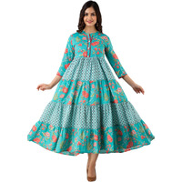 Jikonet Women's Rayon Anarkali Kurti Floral Midi Dress (251) (Blue, X-Large)
