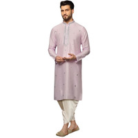 Kisah Men's Kurta Dhoti Set, Pink Cotton Blend, Embroidered Regular Fit Mandarin Collar Long Sleeves (M)