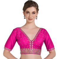 Pujia Mills Woman Readymade Ethnic Wear Deep V Neck Classic Butti Designer Half Sleeve Red Blouse Online Embroidery Zari Work With Diamond Work Border Sadi Blouse
