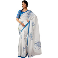 Satrani Women's Chanderi Cotton Printed Ready To Wear One Minute Pre Pleated Readymade Saree With Unstitched Blouse Piece (32Rs307N_Off White & Blue)