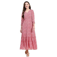 Toochki Women's Pink Georgette Floral Tiered Western Dress Kurti A Line Trendy Midi Suitable In Summer Wear