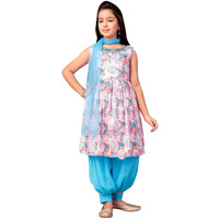 Aarika Girls Ethnic Wear Turquoise-White Colour Beads Hand Embroidery Cotton Blend Kurti Patiala Set With Dupatta-3-9 Years (Pt-12706)