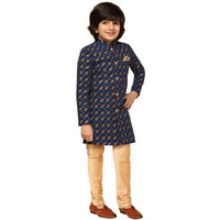 Kisah Kids Sherwani Indo-Western Cotton Blend Printed Sherwani For Kids, Blue, 11-12 Years